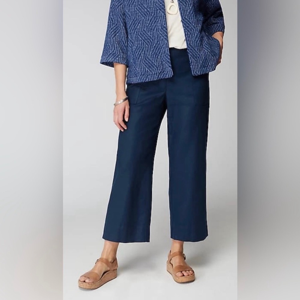 J. Jill Navy Blue Linen Pull On Wide Leg Pants Size Medium - Picture 1 of 9